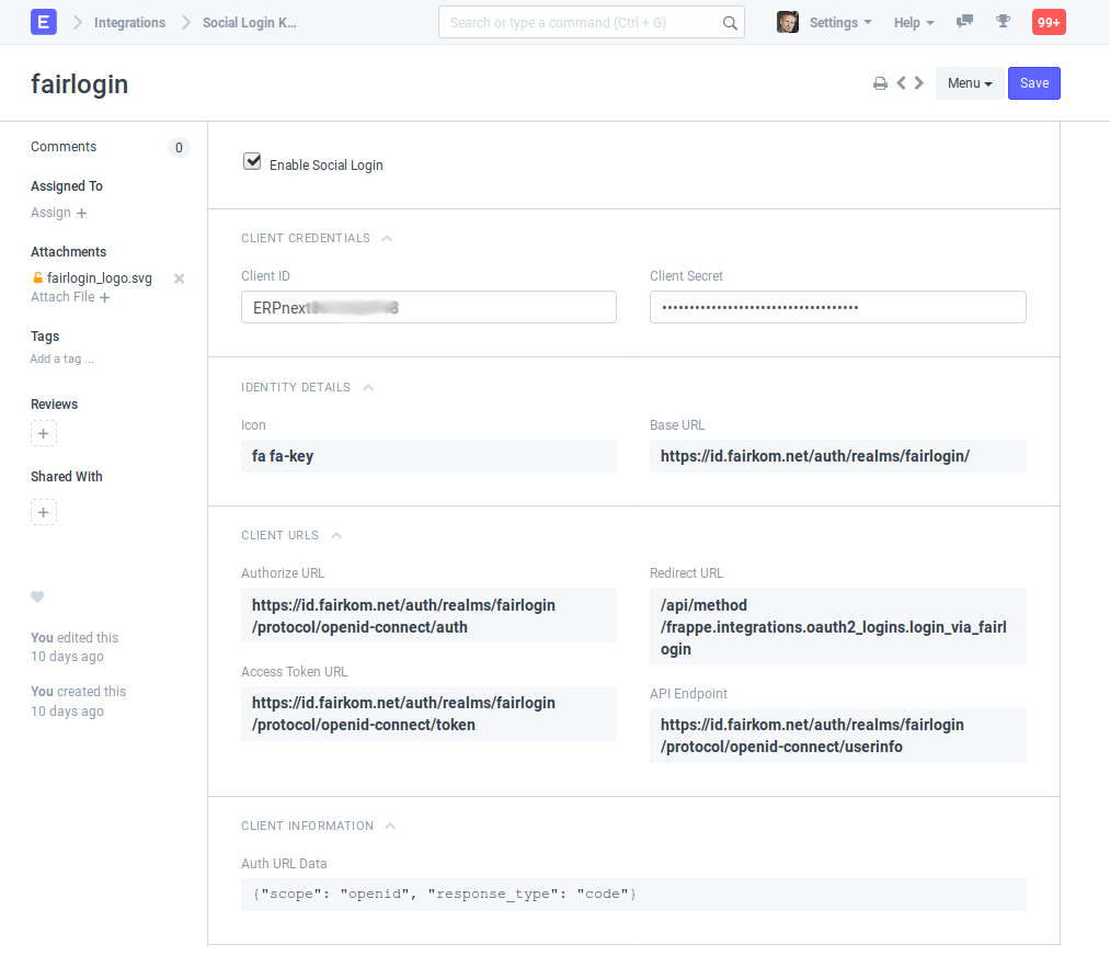 ERPnext fairlogin Settings